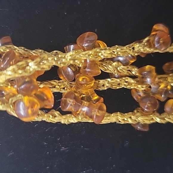 Beaded Sweater Necklace. Amber Plastic Beads. Delicate Gold Metallic Threads 47" - Picture 3 of 8